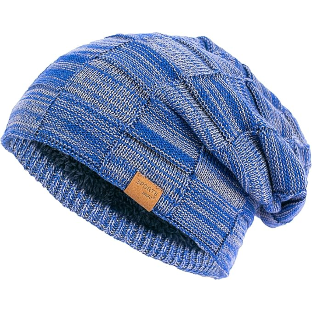 Luca gebreide slouch beanie. Warme wintermuts met fleece, comfortabel voor heren en dames. Perfecte outdoor muts.