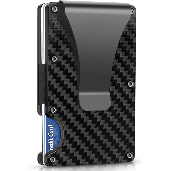 Minimalistische dunne heren portemonnee van carbon fiber met RFID-blokkering en handige geldclip.