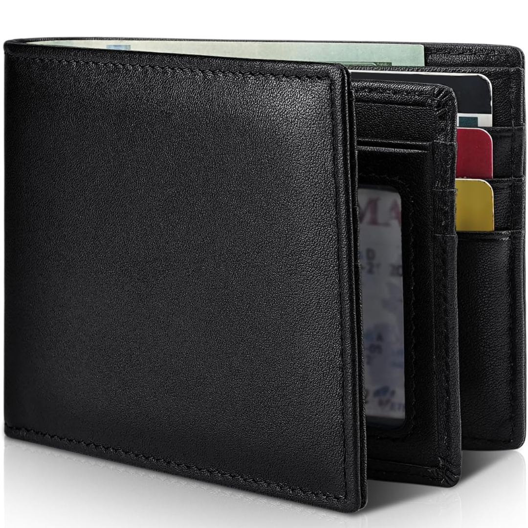 Close-up van het hoogwaardige echt leer van de heren RFID-portemonnee. Duurzame StitchCraft kwaliteit.