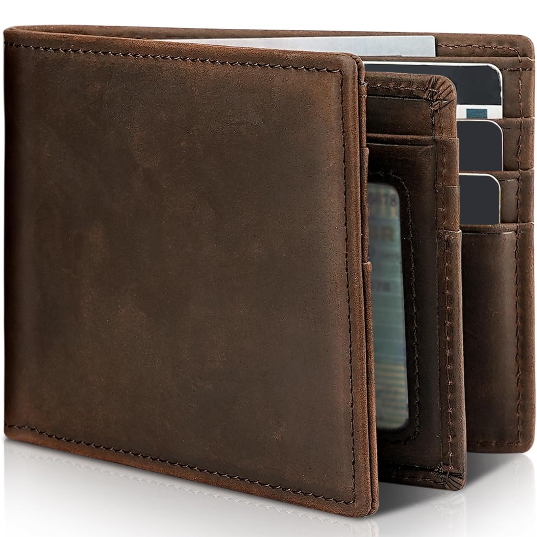 Heren bifold portemonnee van echt leer met RFID-blokkering, slank zwart ontwerp. Veilig voor pasjes.