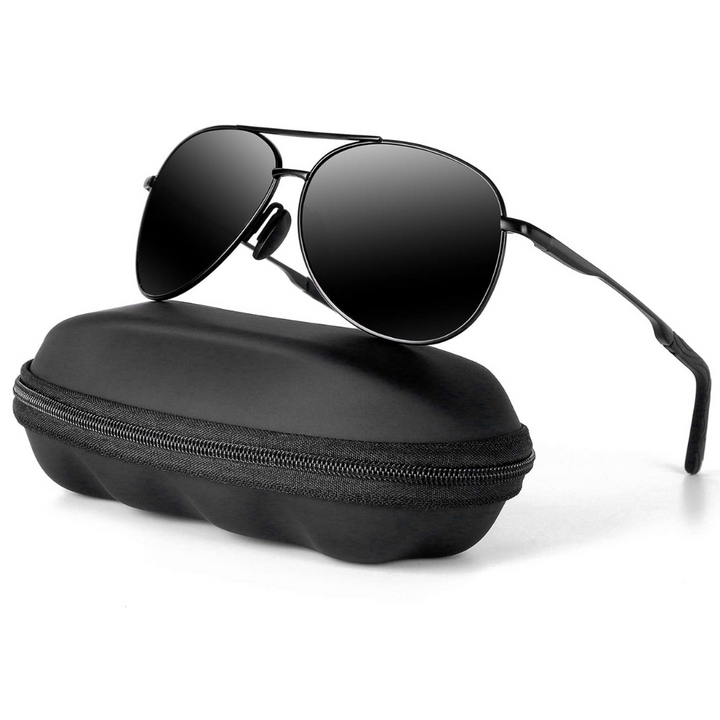 Close-up: Unisex aviator zonnebril, gepolariseerd, UV400. Duidelijke details van het frame en de glazen.