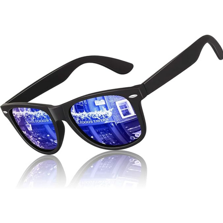 Unisex retro zonnebril in zwarte uitvoering. Jaren '80 mode accessoire met gepolariseerde glazen.