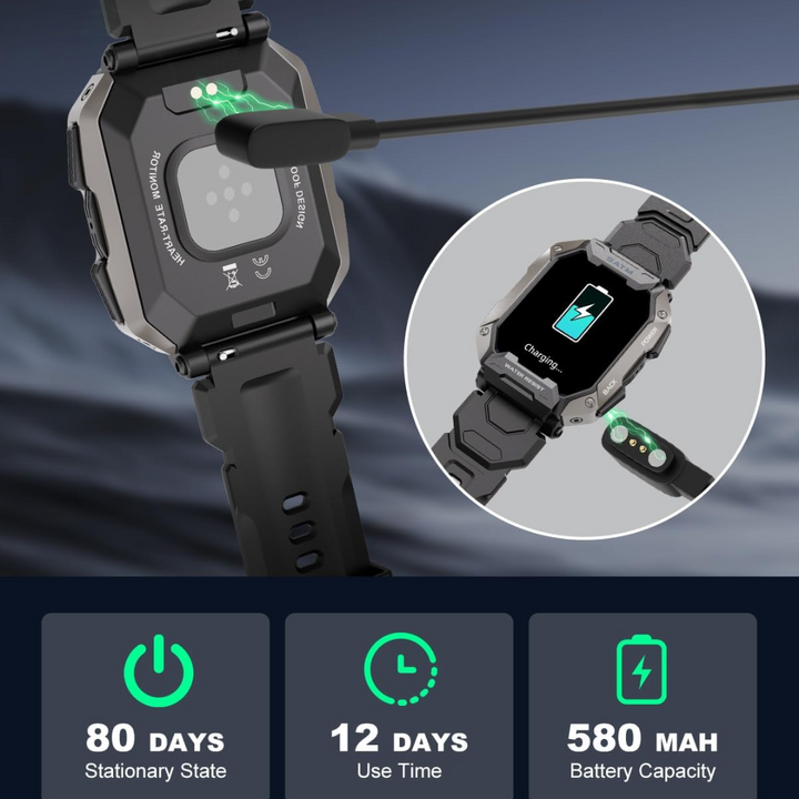 Veelzijdige Steven heren smartwatch: militair, tactisch, waterdicht, met fitnesstracker en belfunctie.