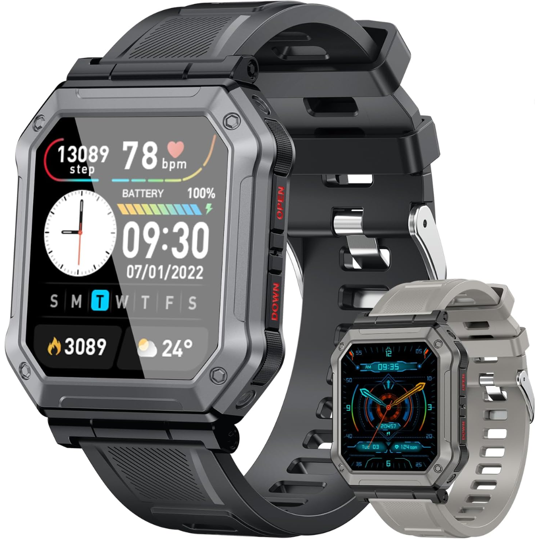 Zwarte heren militaire smartwatch Wayne, een robuust sporthorloge met fitness tracker.