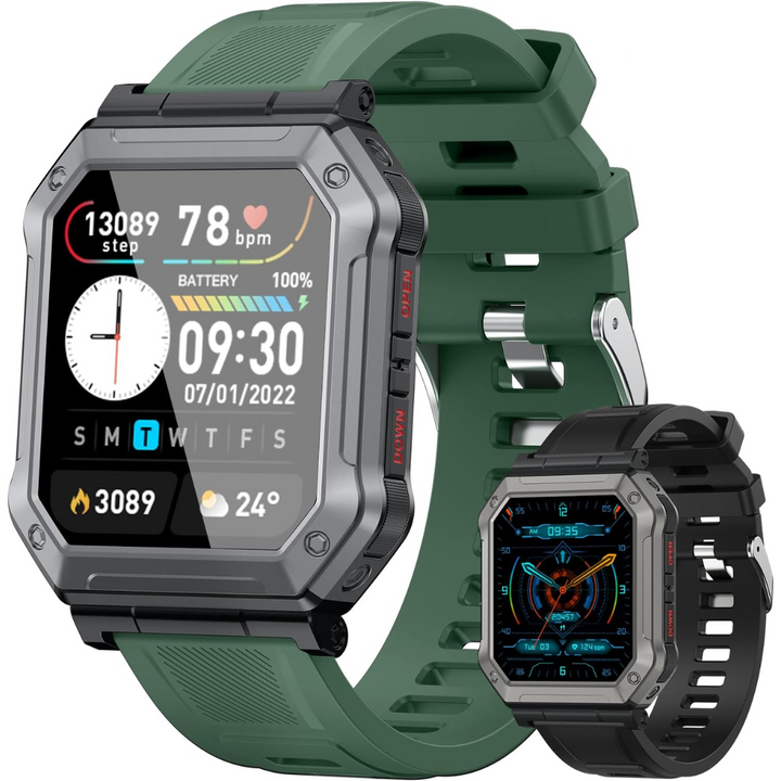 Duurzame Wayne militaire smartwatch voor heren met bluetooth bellen, sport tracker en waterdichtheid.
