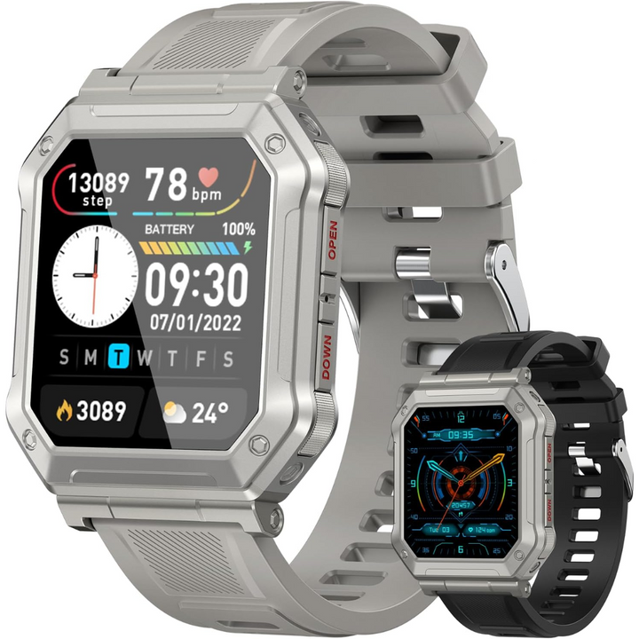 Heren militaire smartwatch Wayne met fitness tracker, hartslagmeter en waterdicht design.