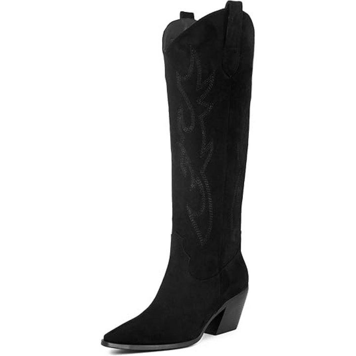 Zwarte kniehoge dames cowboylaarzen, geborduurd kunstleer met suède look details en blokhak.