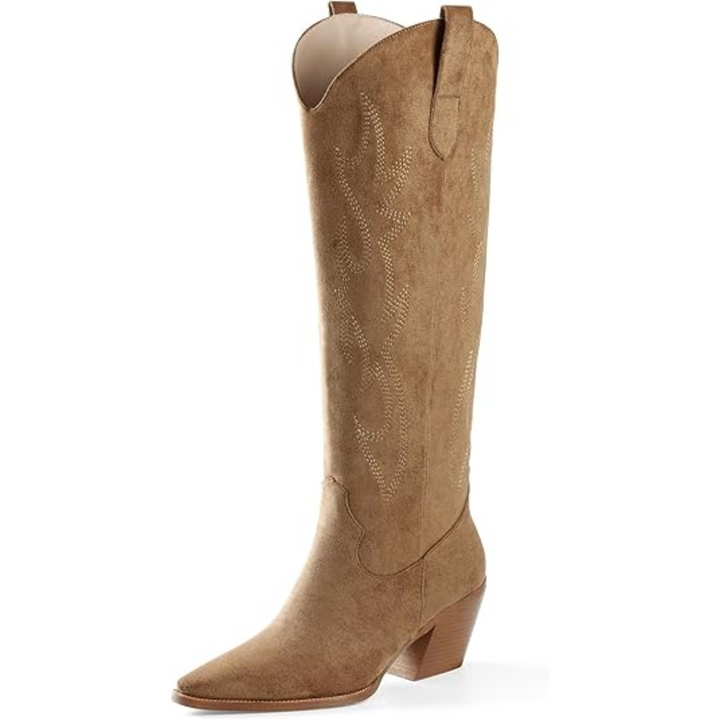 Beige kniehoge dameslaarzen, geborduurd suède look kunstleer, perfecte mix van comfort en stijl.