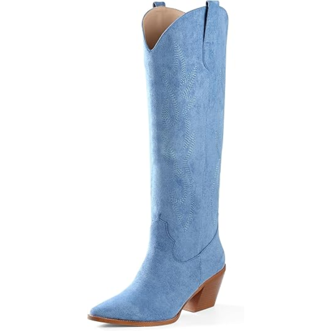 Stijlvolle geborduurde kniehoge westernlaarzen voor dames, met suède look en puntneus.