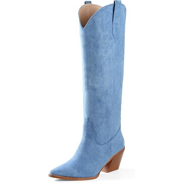 Stijlvolle geborduurde kniehoge westernlaarzen voor dames, met suède look en puntneus.