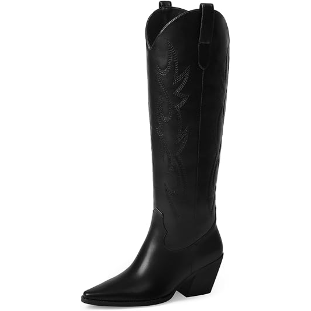 Kniehoge geborduurde cowboylaarzen 'Mary' voor dames, suède look, beige kleur en westernstijl.