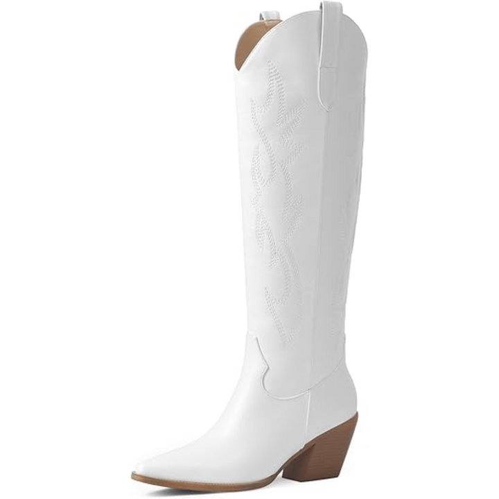 Dames cowboylaarzen met puntneus en blokhak, kniehoog, geborduurd suède look, in beige.