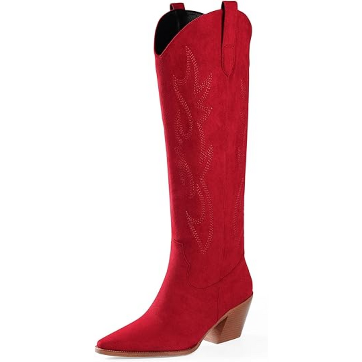 Kniehoge dames westernlaarzen van suède look kunstleer, geborduurd en met trendy blokhak.