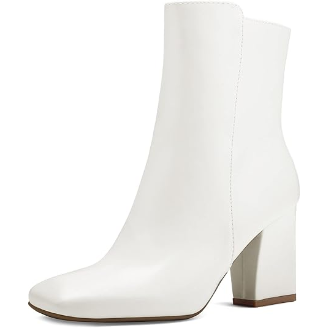 Witte Jamie enkellaarsjes met trendy chunky blokhak en vierkante neus, een modieuze keuze voor dames.