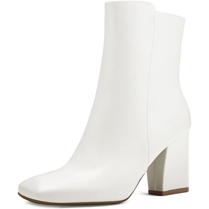 Witte Jamie enkellaarsjes met trendy chunky blokhak en vierkante neus, een modieuze keuze voor dames.