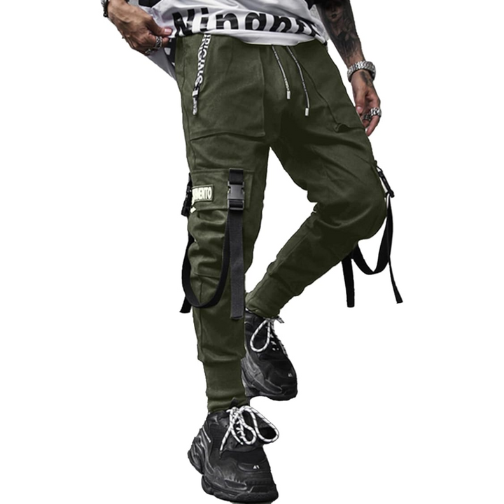 Zwarte heren techwear tactische joggingbroek Robert met multi-pockets, ideaal voor streetwear en urban mode.