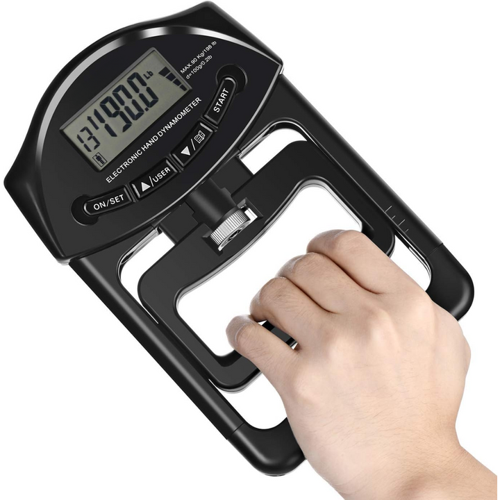 Ergonomische gripkrachtmeter in gebruik; perfect voor fysiotherapie, revalidatie en sporttraining.