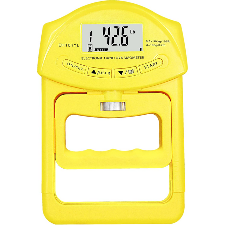 Duidelijk overzicht van de digitale gripkrachtmeter; onmisbaar voor handrevalidatie en spieropbouw.
