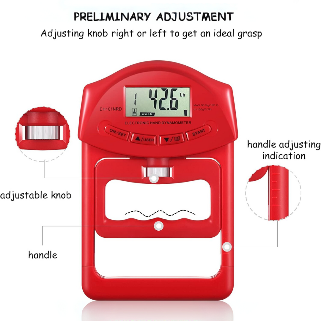 Robuuste handdynamometer met anti-slip grip voor consistente spiertraining en accurate krachtmeting.