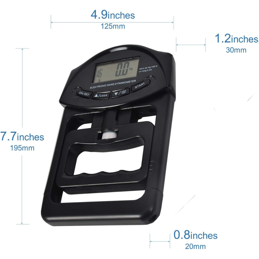Compacte, digitale handtrainer met LCD-scherm toont krachtmeting. Essentieel sportaccessoire.