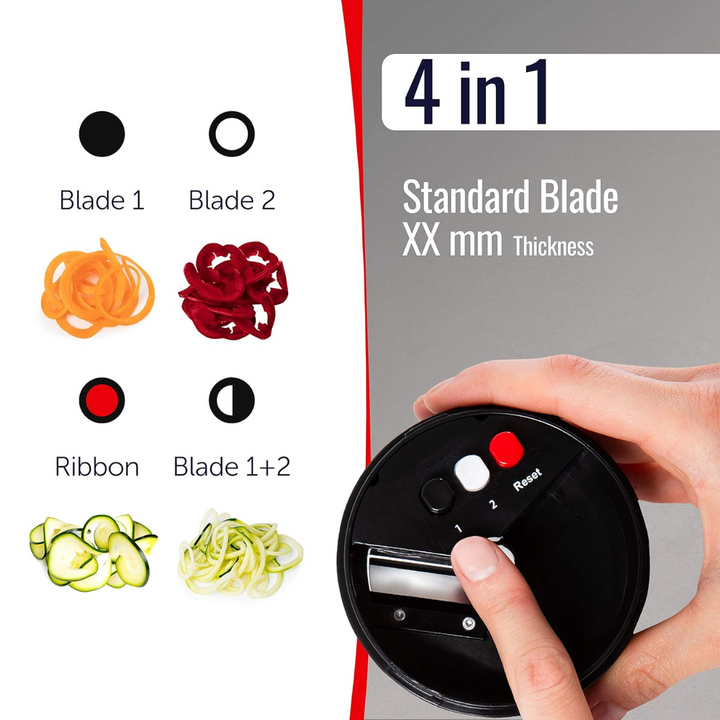 Culinair genieten met de 4-in-1 RVS spiraalsnijder. Snijd groenten voor prachtige gerechten en salades.