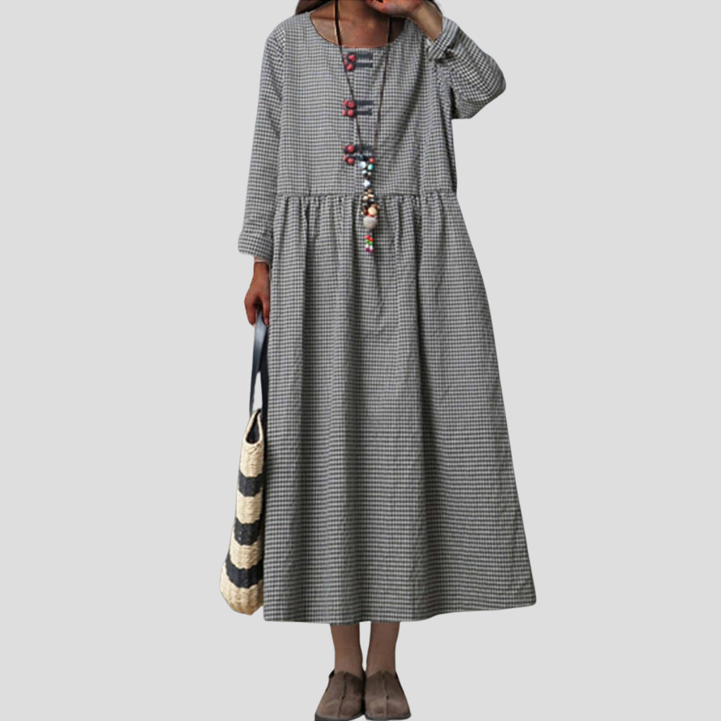 Elegante dames maxi-jurk met hoge taille en lange mouwen, ideaal voor een stijlvolle en comfortabele look.