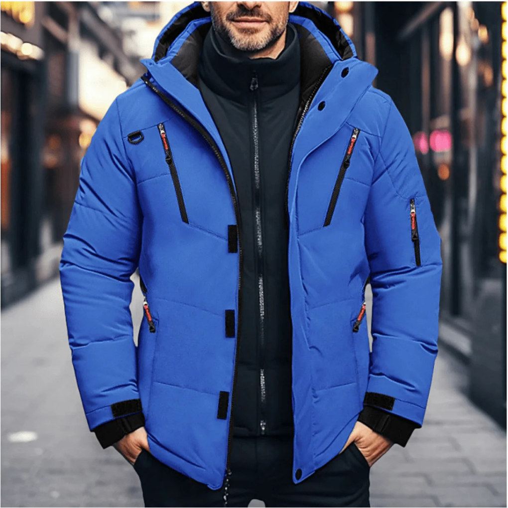 Stijlvolle heren geïsoleerde winterjas, biedt optimale warmte, comfort en bescherming tegen koude dagen.
