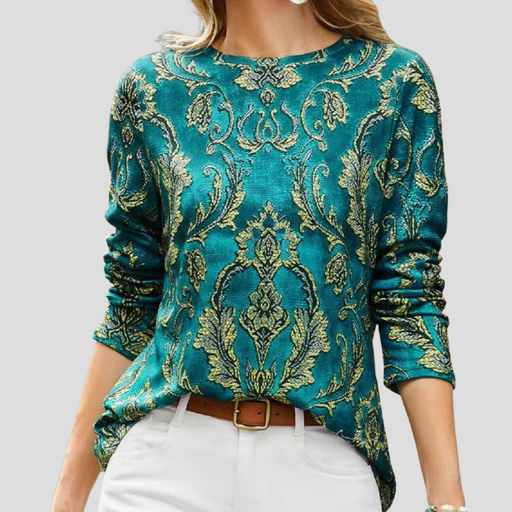 Dames groene printblouse van Skinzline met trendy patroon, ronde hals en lange mouwen voor een casual, modieuze look.