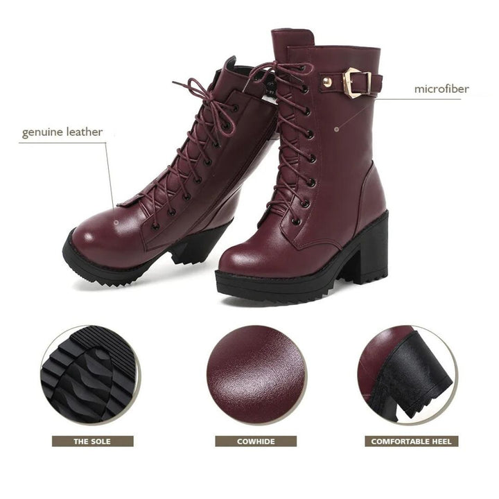 Detail van de rits & modieuze afwerking op Cassidy zwarte dames winterlaarzen, comfortabele enkellaarzen.