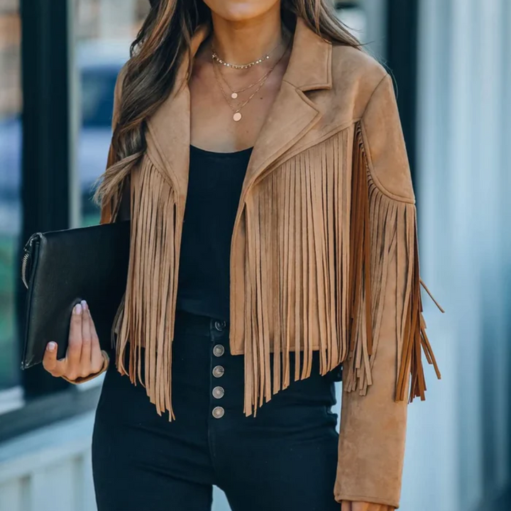Trendy casual damesjasje met franjes, ideaal als festival bovenkleding.