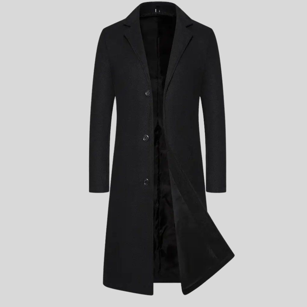 Elegante lange heren winter overjas met knoopsluiting en reverskraag, ideaal voor een zakelijke of casual look.