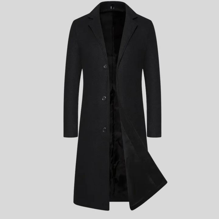 Elegante lange heren winter overjas met knoopsluiting en reverskraag, ideaal voor een zakelijke of casual look.