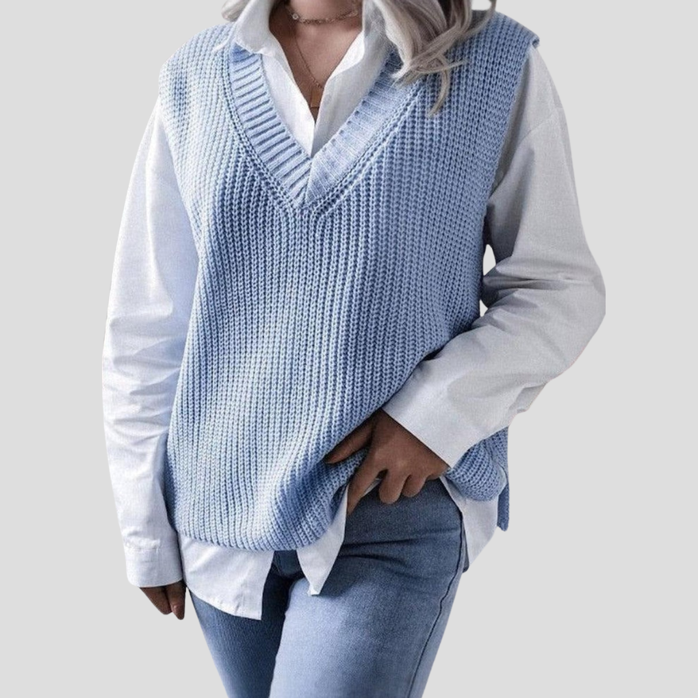 Elegante dames blauwe mouwloze V-hals trui, een veelzijdige gebreide zomertop perfect voor lente en zomer.