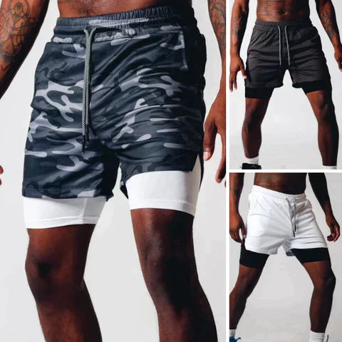 Prestatiegerichte heren 2-in-1 sportshort, vochtafvoerend en ondersteunend, voor elke workout of hardloopsessie.