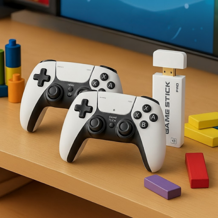 Twee spelers genieten van klassieke videogames op de RetroPlay spelcomputer met draadloze controllers voor ultiem familieplezier.
