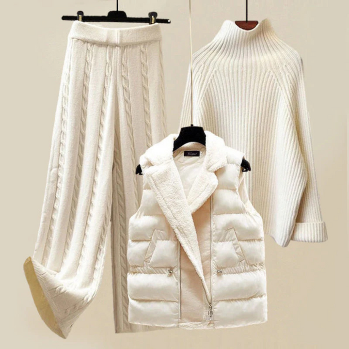 Stijlvolle gecoördineerde dames winterset, warm en comfortabel voor koude dagen. Ideaal voor wintermode.
