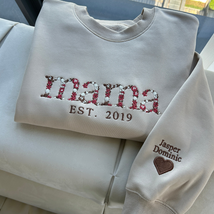 Gepersonaliseerd 'Mama' dames sweatshirt met bloemenprint, ideaal Moederdag of verjaardag cadeau voor vrouwen.