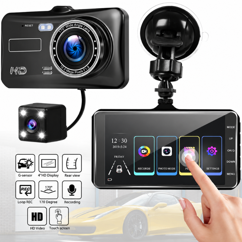 Draadloze dashcam met nachtzicht en 170° groothoeklens voor optimale rijveiligheid. Compacte auto camera accessoire.