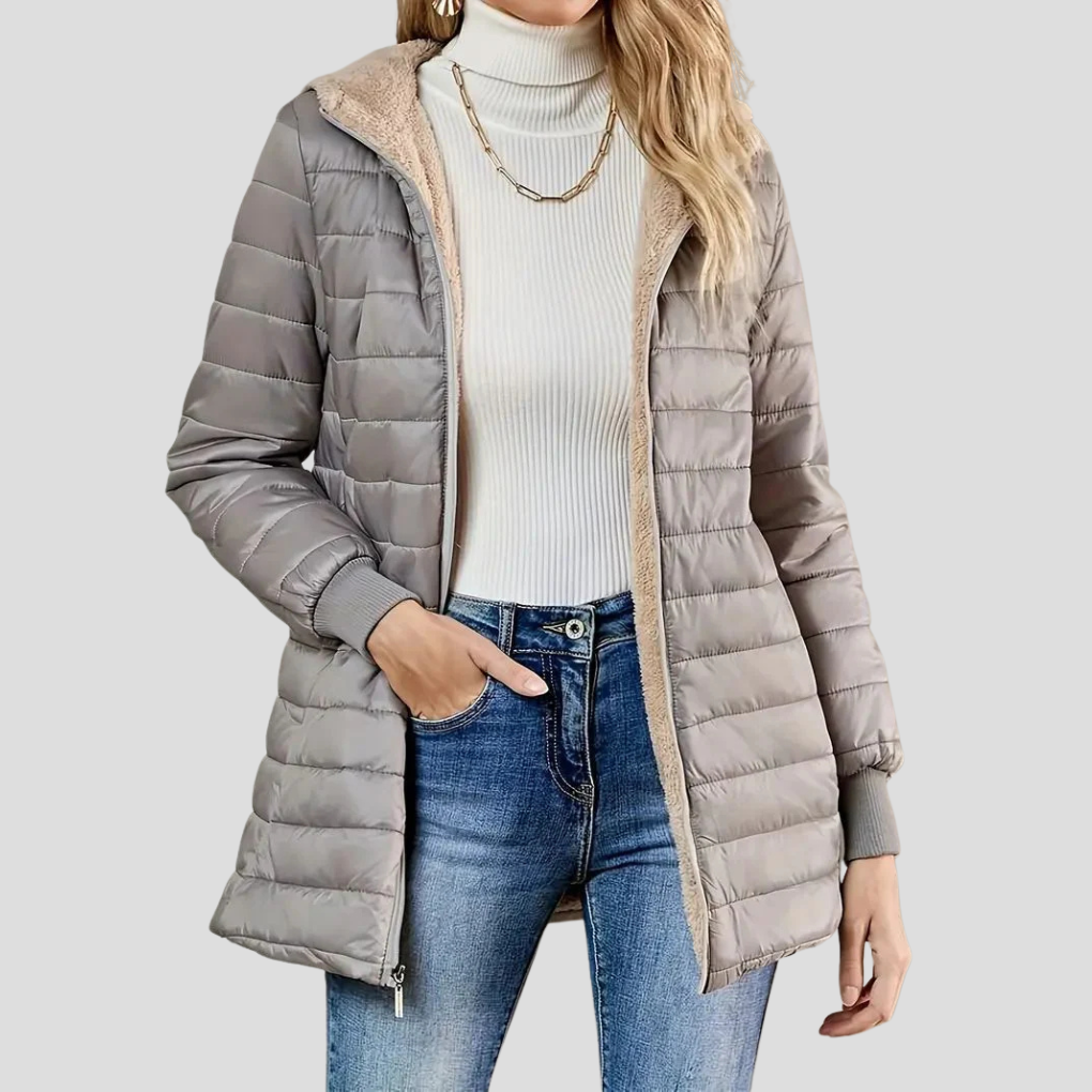 Dames winterjas, gewatteerd en warm, met stormflap, ideaal voor casual en outdoor winterkleding.