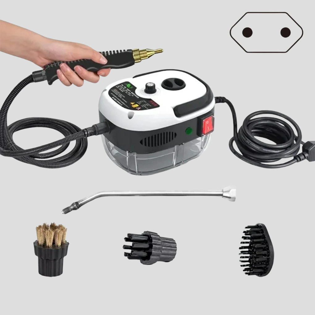 Witte 2500W stoomreiniger voor dieptereiniging van huis en auto. Krachtige hogedruk stoom voor hygiënische schoonmaak.