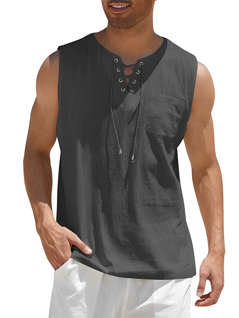 Moderne heren V-hals tanktop, perfect voor een relaxte zomerlook. Ademend en stijlvol mouwloos.