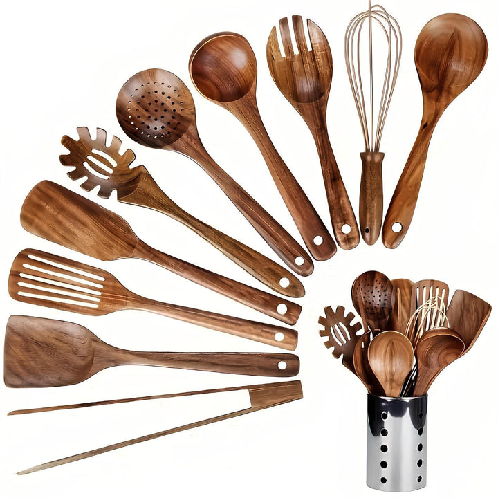 Natuurlijke 11-delige teakhouten keukengereiset met handige houder. Duurzaam houten kookgerei voor elke keuken.