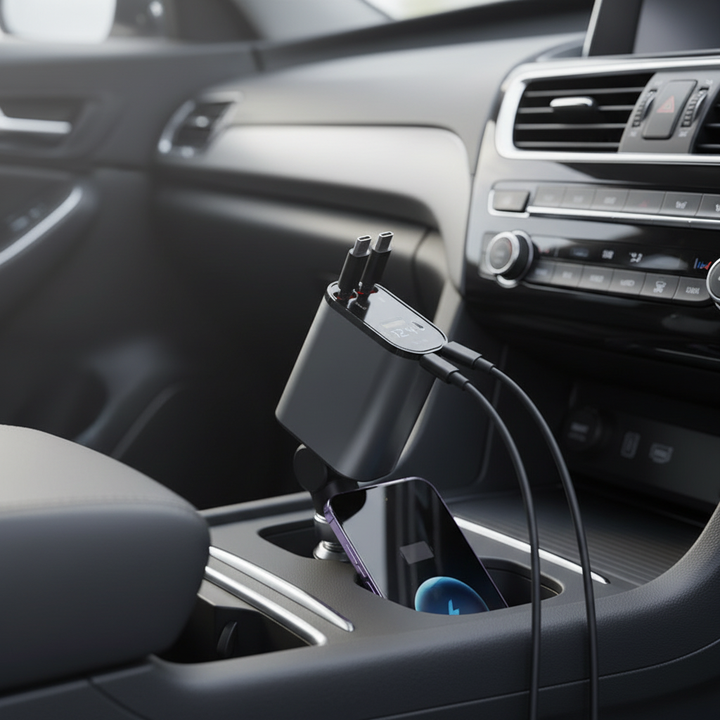 Universele opvouwbare autolader voor snel opladen van telefoons en USB-C apparaten onderweg.