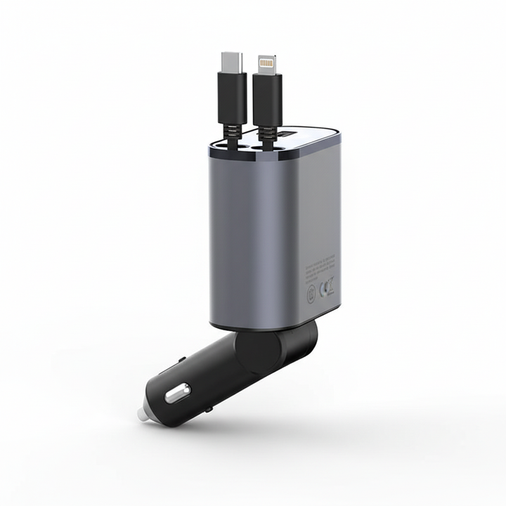 Compacte PowerCharge opvouwbare autolader, ideaal voor snel opladen van iPhone en Android tijdens reizen.