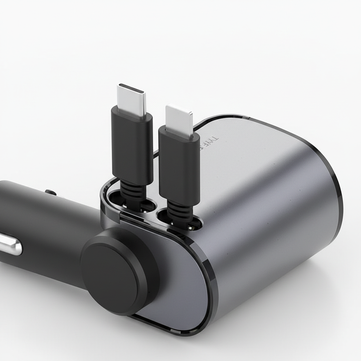 Zwarte universele autolader met USB-C, opvouwbaar design voor snel opladen van elk mobiel apparaat.