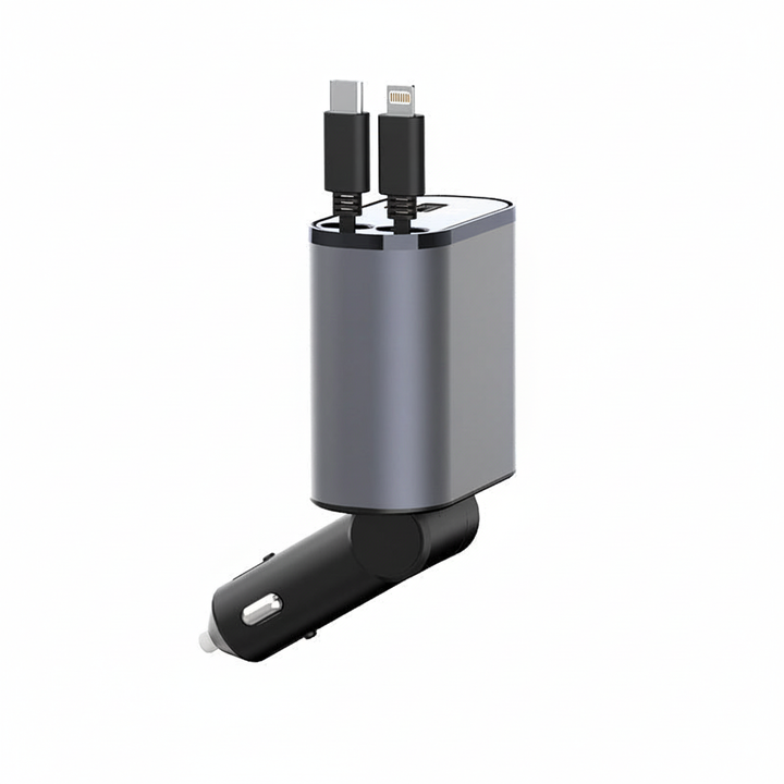 Handige autogadget: opvouwbare telefoonoplader voor auto, met snel-opladen functionaliteit voor iPhone/USB-C.