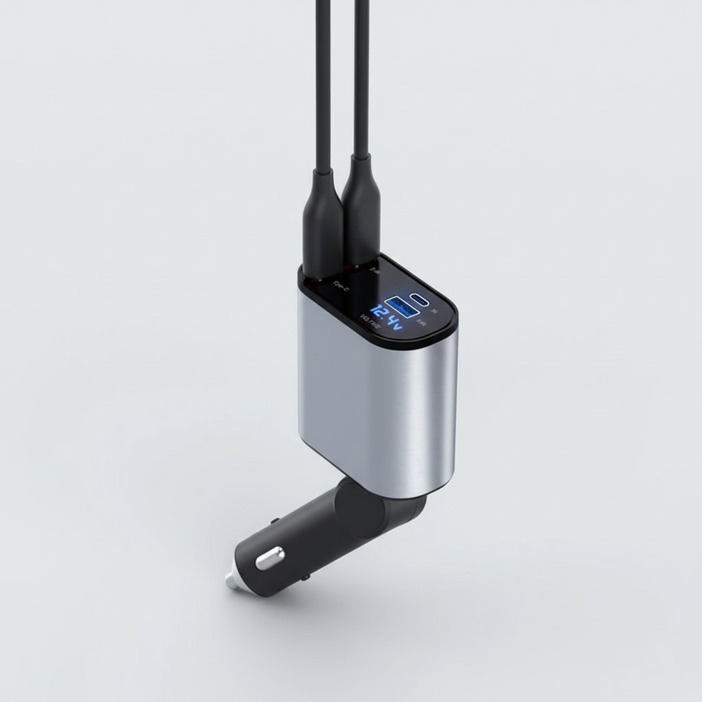 Stijlvolle opvouwbare PowerCharge autolader, perfect voor snel opladen van je mobiel op elke reis.