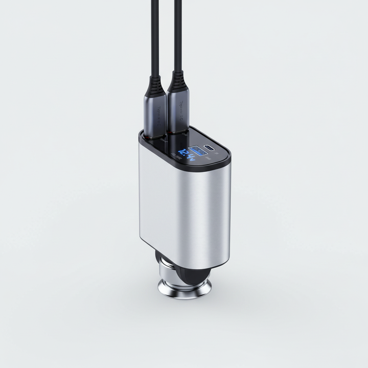 Efficiënte universele autolader voor snel opladen van zowel iPhone als USB-C telefoons, compact en opvouwbaar.