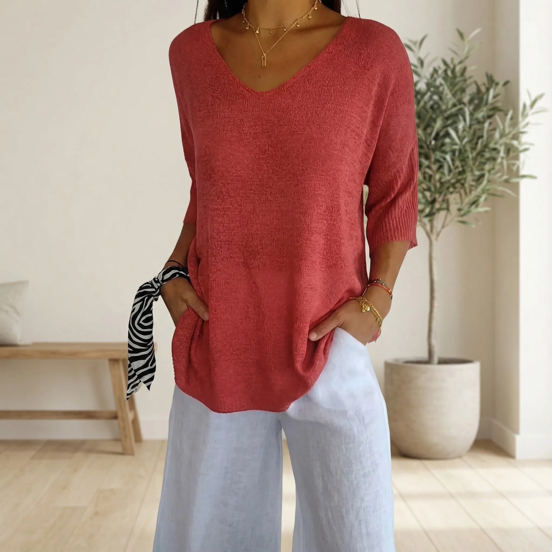 Dames V-hals gebreide top met halflange mouwen, comfortabel en casual voor elke dag.