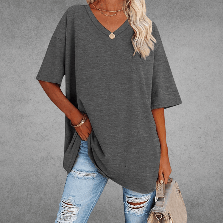 Dames oversized V-hals T-shirt met casual, comfortabele relaxte pasvorm. Modieus voor lente en zomer.
